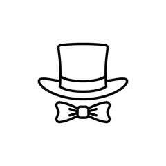 Top hat outline icon with bow tie. Cylinder hat. Vector line art illustration and drawing on a white background.