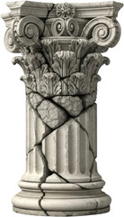 Ancient Corinthian stone column capital and shaft showing severe cracking and structural failure with broken stone sections isolated on a dark background Architecture Ruin Sculpture