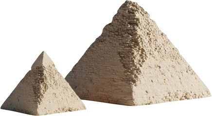 Two ancient weathered Egyptian stone pyramids one significantly larger than the other stand against a dark background showcasing rough texture and eroded construction materials 195 characters