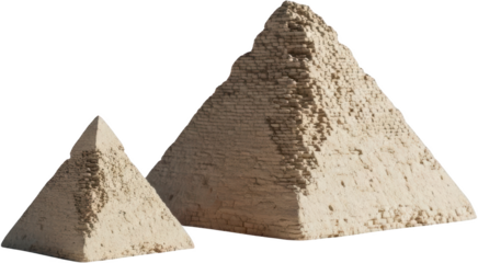 Two ancient weathered Egyptian stone pyramids one significantly larger than the other stand against a dark background showcasing rough texture and eroded construction materials 195 characters
