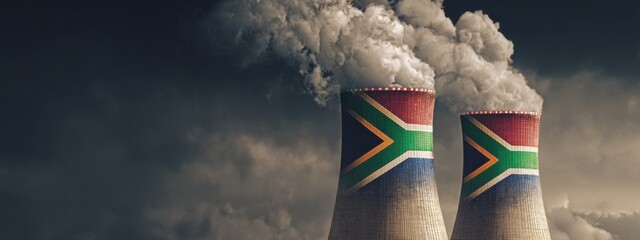 Power plant towers emit smoke in South Africa during the late afternoon hours with visible national flag design