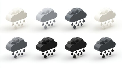  Rainy Season Clipart Featuring White, Gray, and Black Clouds Dropping Rain on White Background.