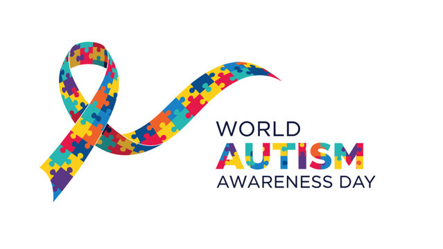 A banner for World Autism Awareness Day featuring a colorful puzzle piece ribbon and vibrant text on a clean white background.