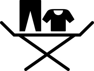 Clothes drying rack icon. Stand for dryer clothes. Portable folding clothes drying rack with a shirt and pants hanging to dry. Isolated vector illustration on white background.