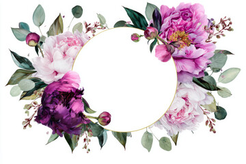 Beautiful floral hoop frame with pink and purple peonies and gold rings on a white background