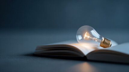 Creative innovation and wisdom concept with glowing light bulb on open book in dark room