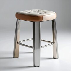 Fototapeta premium Modern, light-tan leather stool with stainless steel legs. A square seat with quilted tufting