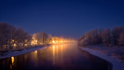 Serene winter landscape with snow covered trees and calm river at dusk