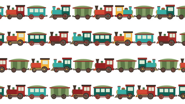 A cute and colorful seamless border pattern of a toy train with steam locomotives and wagons, perfect for children's room decorations.
