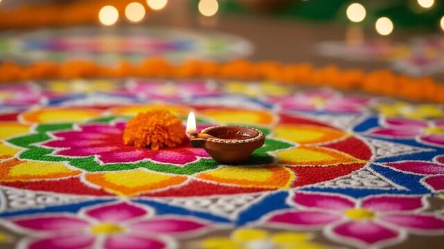 Hand placing illuminated diya lamp on colorful rangoli for Diwali.