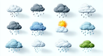  Variety of Rain Clouds and Sunny Sky, Meteorology Theme on White Background, Climate Patterns.