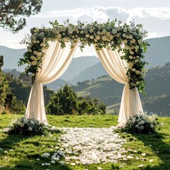 Rustic wedding ceremony archway. Lush greenery, cream-colored drapes, and a floral arch frame a grassy path.  Mountains form the backdrop