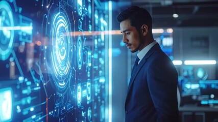 Businessman Interacting with Futuristic Digital Interface Technology - Powered by Adobe