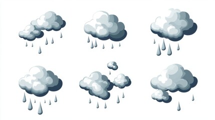  Set of Gray Clouds with Falling Raindrops, Illustrating a Natural Meteorological Phenomenon on a White Background.