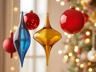 Merry Christmas and Happy New Year background with colorful glass Christmas ornaments 