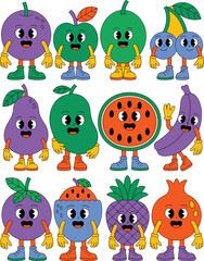 Obraz premium Retro cartoon fruit characters with happy faces standing in rows on yellow background colorful 1930s rubber hose animation style mascot collection for healthy food branding and fun kids design