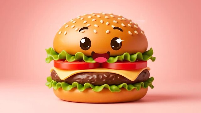 A cute, smiling cartoon hamburger with sesame seeds, lettuce, cheese, and tomato layers