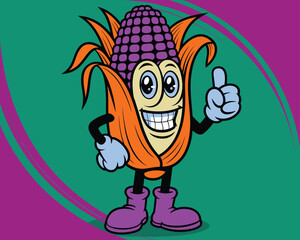 Funny purple corn cob character mascot giving a thumbs up gesture for agriculture marketing healthy food branding and organic farming promotion mascot illustration for children nutrition education