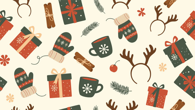 A cozy and festive seamless Christmas pattern with winter elements like gifts, mittens, mugs of hot cocoa, and reindeer antlers on a beige background.