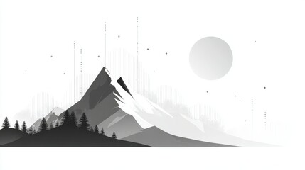  Abstract Black and White Peaks with Pine Trees and Celestial Elements for Graphic Design