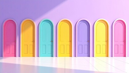 Seven colorful arched doors line a wall, bathed in light and shadow