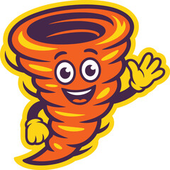 Cute tornado mascot character waving friendly orange cyclone whirlwind illustration professional sports team logo mascot design for youth athletics weather education climate branding identity