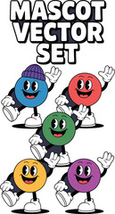 Obraz premium Retro mascot vector set featuring colorful round characters waving and walking in vintage cartoon style for nostalgic brand identity design fun rubber hose aesthetic for creative marketing assets