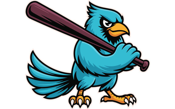 Blue cardinal bird mascot holding baseball bat aggressive sports logo character design for school team identity and athletic club branding energetic avian predator illustration on white background