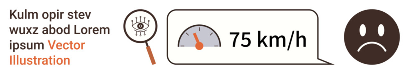 Fototapeta premium Transportation, road safety, speed tracking, awareness, emotions, visual monitoring. A speedometer showing 75 kmh with an eye icon and sad face. Speed tracking and road safety concept