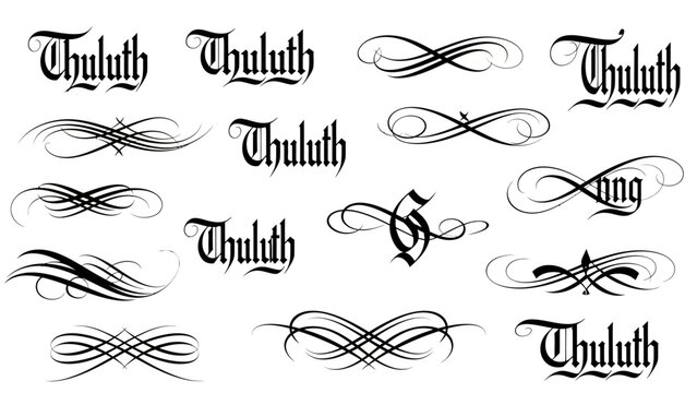 Elegant black gothic calligraphy with various stylized flourishes and letterforms in a collection