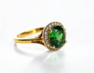 Elegant gold ring featuring a vivid green emerald gemstone surrounded by small diamonds, isolated on a clean white background.