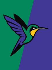 Fototapeta premium Hummingbird logo flying bird vector illustration with vibrant green and purple wings on split background for sports mascot identity branding nature wildlife emblem conservation design project