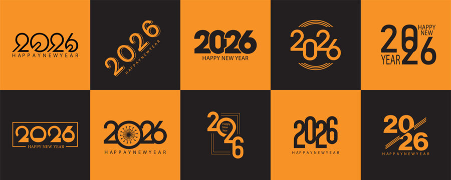 Big Set of 2026 Happy New Year logo text design. 2026 number design template. Collection of 2026 Happy New Year symbols. Vector illustration with black labels isolated on white background.