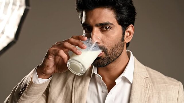 Young man with beard in beige suit jacket drinking milk from a glass, looking at camera