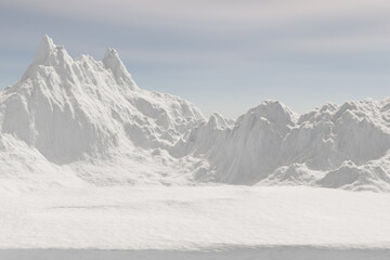 3d render winter platform and Realistic natural background, Ice podium on the ice snow mountain, Backdrop sky and cloud for product stand display, advertising, mockup or etc