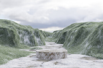 3d render stone podium background, Snowy mountain landscape with a green meadow, rocks, and clouds in a peaceful natural valley for product stand display, advertising, mockup or etc