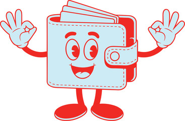 Happy wallet cartoon character making okay hand sign for personal finance and money management concept cute red line art illustration for banking savings investment and financial success tips