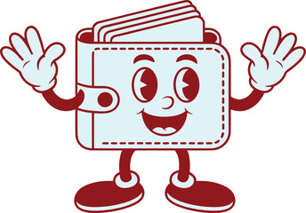 Retro cartoon wallet character with happy face and money waving hands for personal finance education and business banking marketing illustration vintage rubber hose style mascot for web design use
