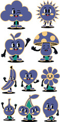 Fototapeta premium Retro cartoon character stickers collection featuring cute vintage mascot illustrations of fruits sun cloud and mushroom in 1930s rubber hose animation style for creative graphic design projects