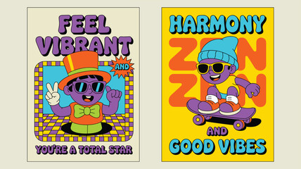 Obraz premium Retro groovy cartoon character posters set with vibrant purple mascot skateboarding and wearing top hat for positive vibes motivation and modern street style aesthetic graphic design projects
