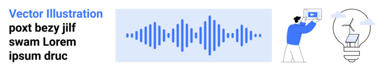 Obraz premium Person engaging with tablet, sound wave visualization, and a lightbulb connected to a cloud. Ideal for technology, innovation, analytics, IoT, energy, smart devices simple landing page