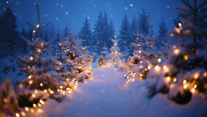 Magical snowy forest with glowing lights on small trees at night