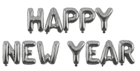 Silver Happy New Year Foil Balloons for Festive Celebration Isolated on Transparent Background