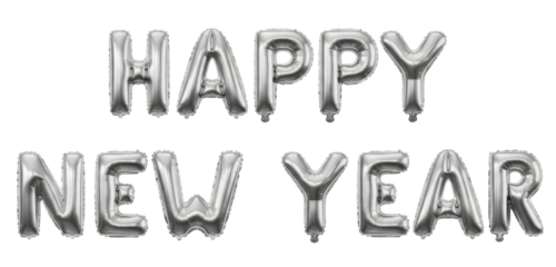 Silver Happy New Year Foil Balloons for Festive Celebration Isolated on Transparent Background