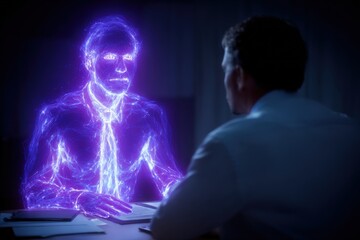 A visionary projection of a professional, rendered in luminous, electric energy, engages in a vital dialogue with another individual. ..Created with Generative AI, not depicting real subjects.
