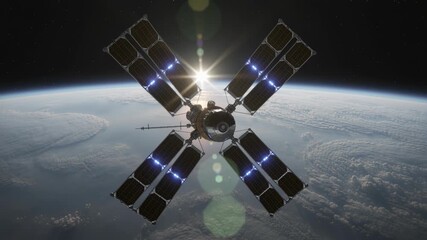 Modern communication satellite orbiting Earth with sun flare and planet clouds. Space technology for global connectivity. - Powered by Adobe