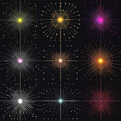 Fototapeta premium A collection of colorful, star-burst patterns with radiant glows on dark grid.