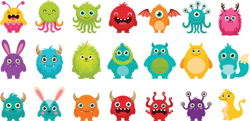 Obraz premium Cartoon monster collection, colorful fantasy creatures, playful character set, kids illustration, vector art, flat design, isolated image