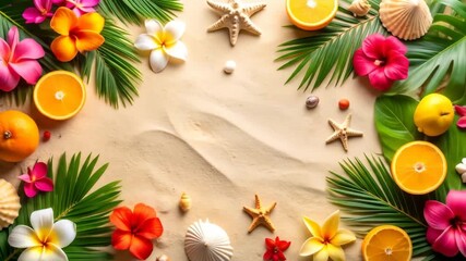 Tropical beach floral and fruit flat lay.