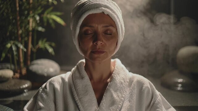 Caucasian middle aged woman in a robe and towel meditating with closed eyes in a steaming spa or sauna with bamboo and stone